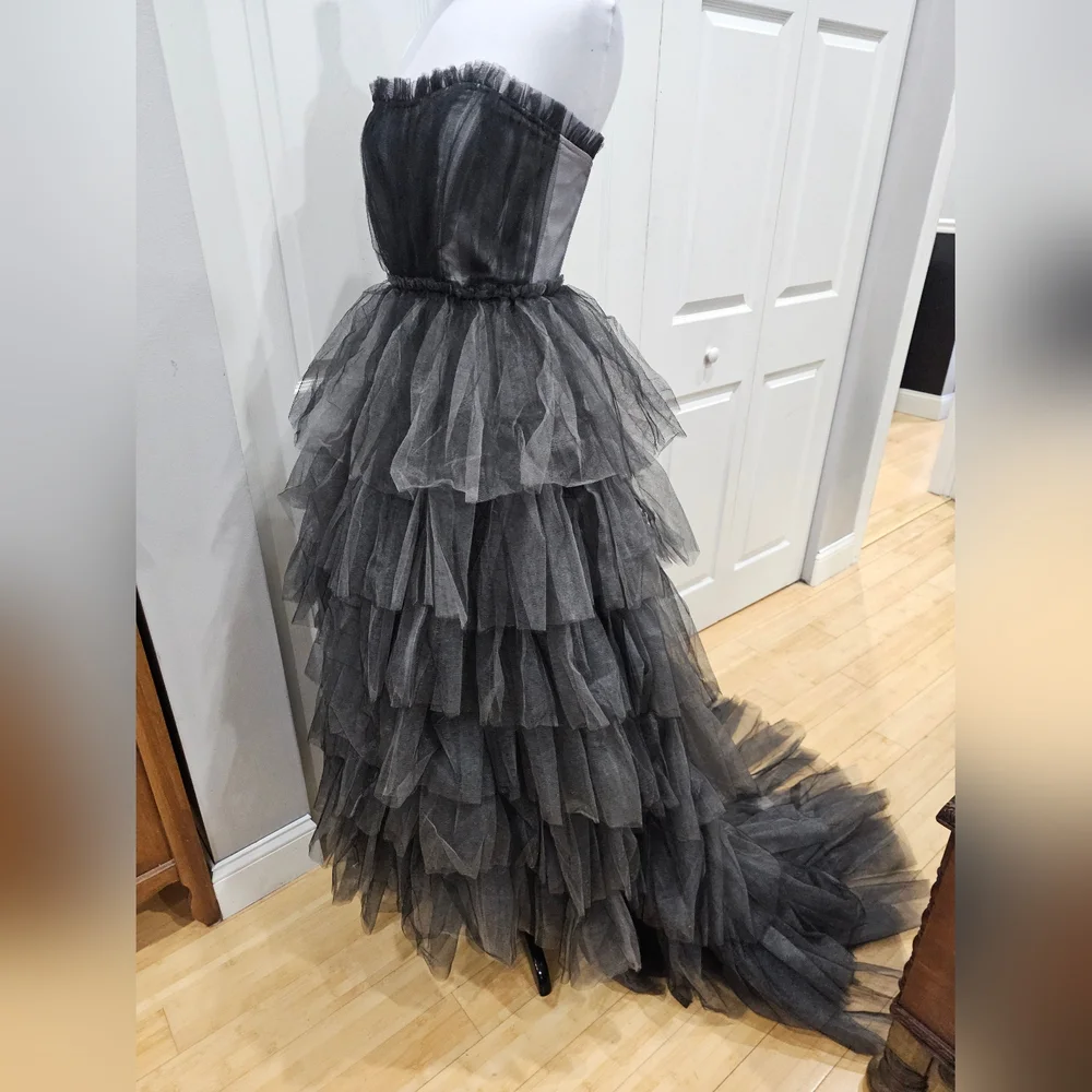 Dolls Kill Unholy Dramatic Flair Tiered Black Gray Tulle Maxi Dress Gown S - Picture 8 of 16